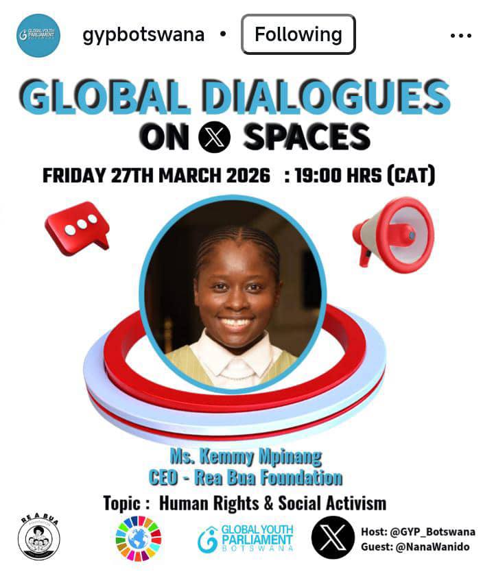 Global Dialogues on X Spaces episode banner featuring Ms. Kemmy Mpinang, CEO of Rea Bua Foundation, on Human Rights & Social Activism