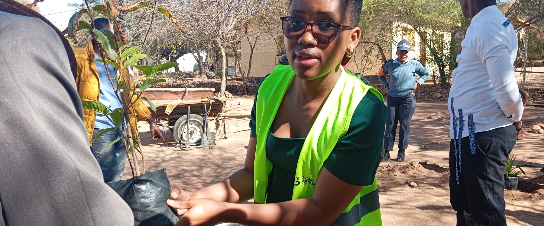GYP Botswana volunteer handing over a tree sapling at the Morwa Tree Planting project